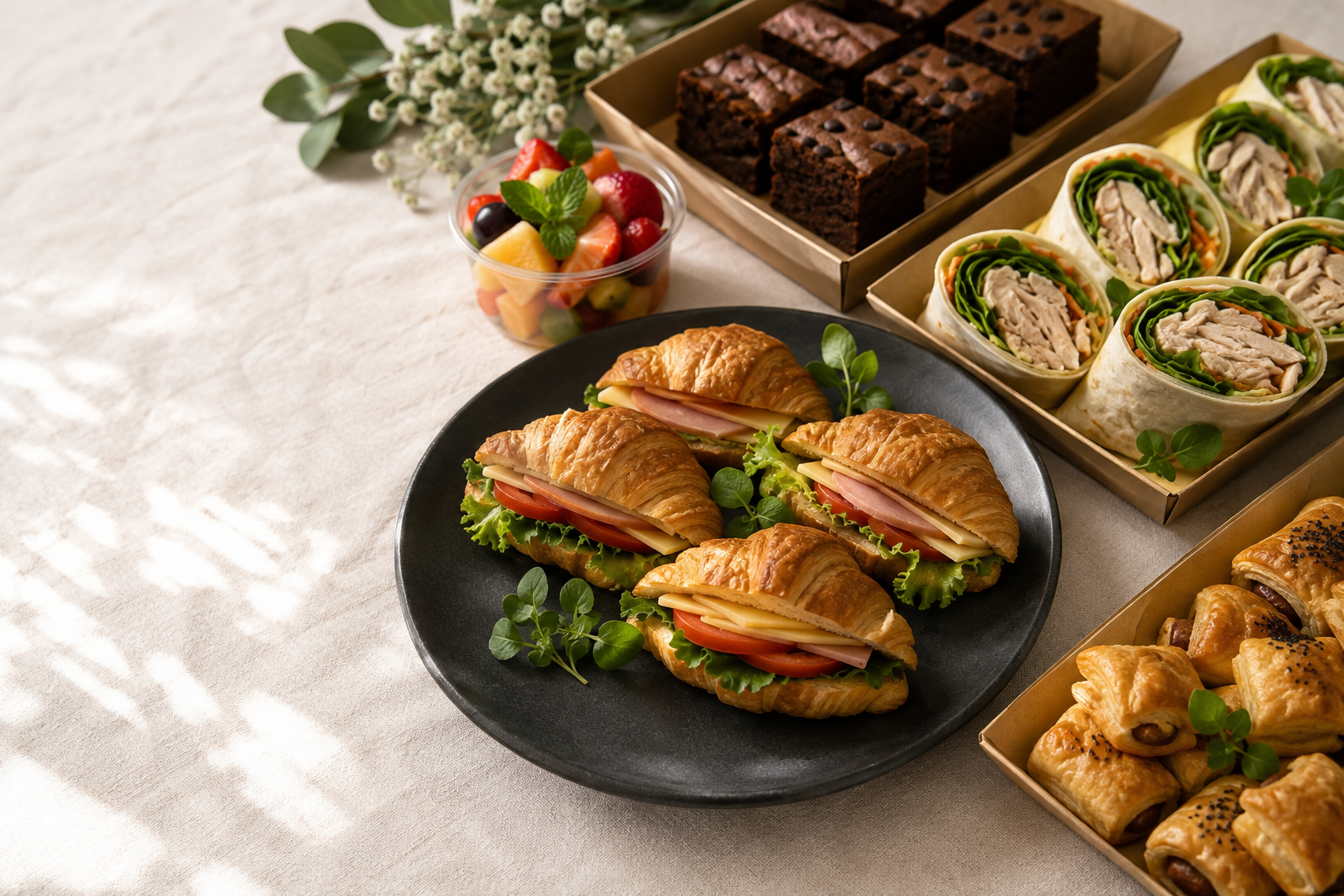 Catering concept with filled croissants, wraps, fruit, brownies and golden pastries