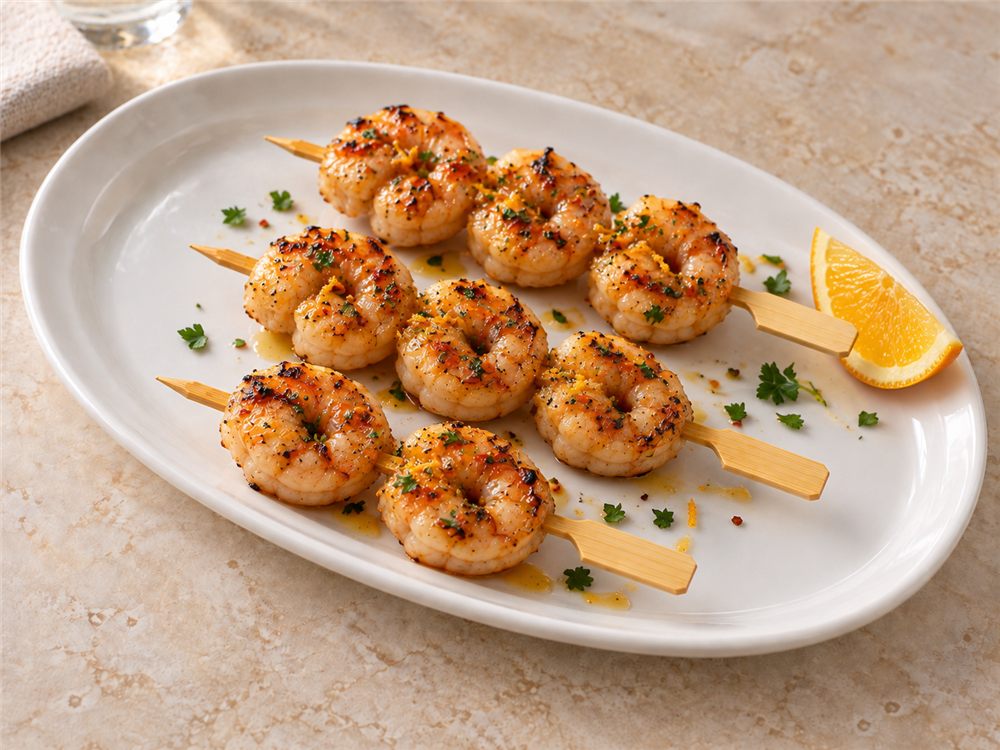 Beautifully presented honeyed orange and chilli prawn skewers