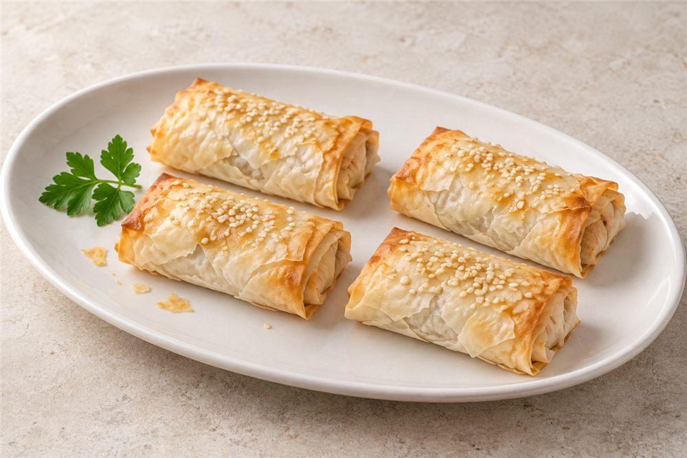 Sesame chicken and mushroom filo pastries