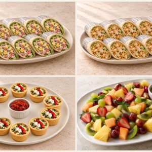 The Lunch Edit collage showing four separate platters: ham and egg-salad wrap halves, satay chicken wrap halves, spinach feta capsicum mini tarts, and seasonal fruit