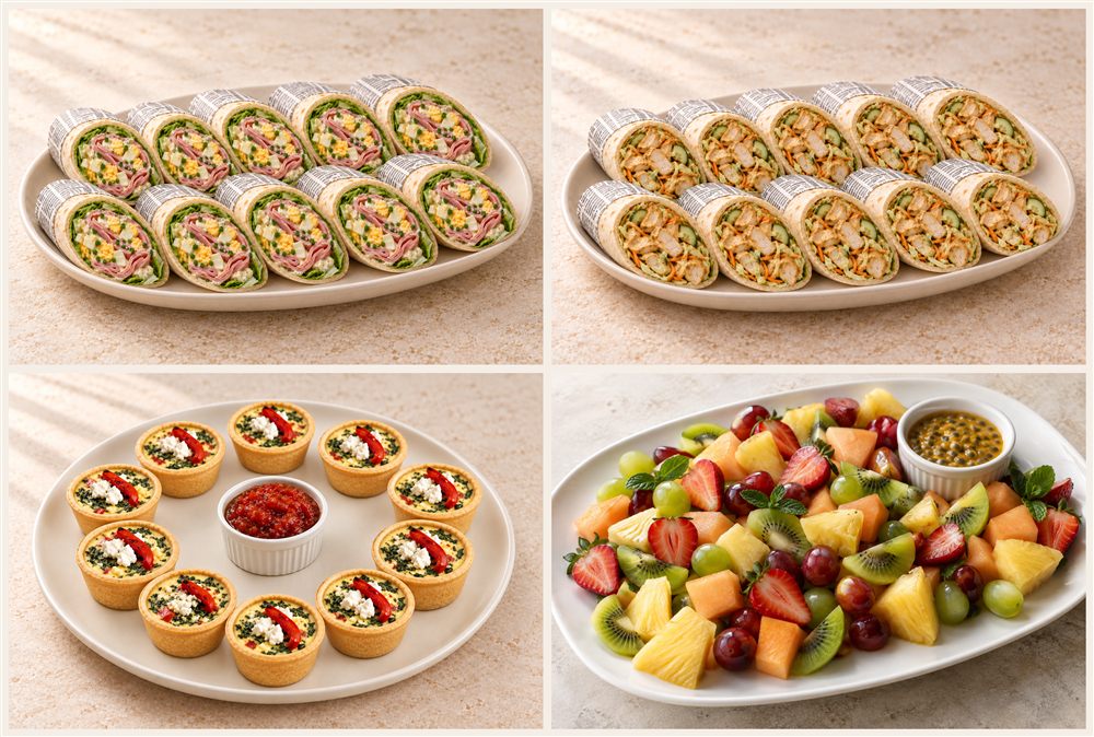 The Lunch Edit collage showing four separate platters: ham and egg-salad wrap halves, satay chicken wrap halves, spinach feta capsicum mini tarts, and seasonal fruit