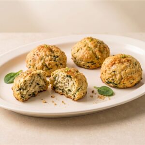 Round mini spinach, cheese and onion savoury scones; three whole scones and one split in two