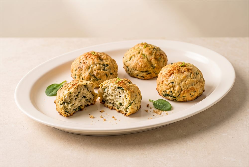 Round mini spinach, cheese and onion savoury scones; three whole scones and one split in two