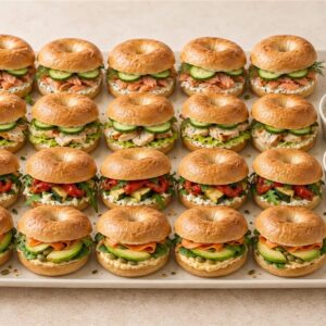 Harbour and Garden platter with twenty whole mini bagels in four flavour groups and two photographed dip ramekins