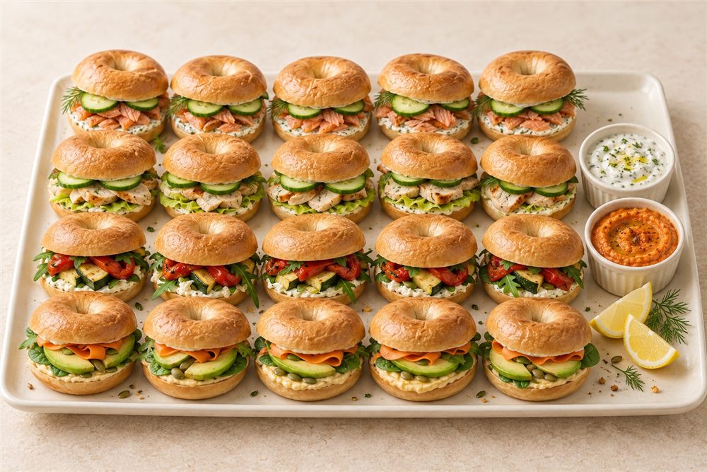 Harbour and Garden platter with twenty whole mini bagels in four flavour groups and two photographed dip ramekins