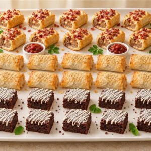 The Golden Break platter with ten bacon and mozzarella sausage rolls, ten chicken and mushroom filos, ten mini brownies and tomato relish