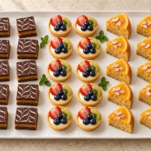 The Little Indulgence platter with ten chocolate caramel slices, ten fruit tarts and ten orange almond cake slices