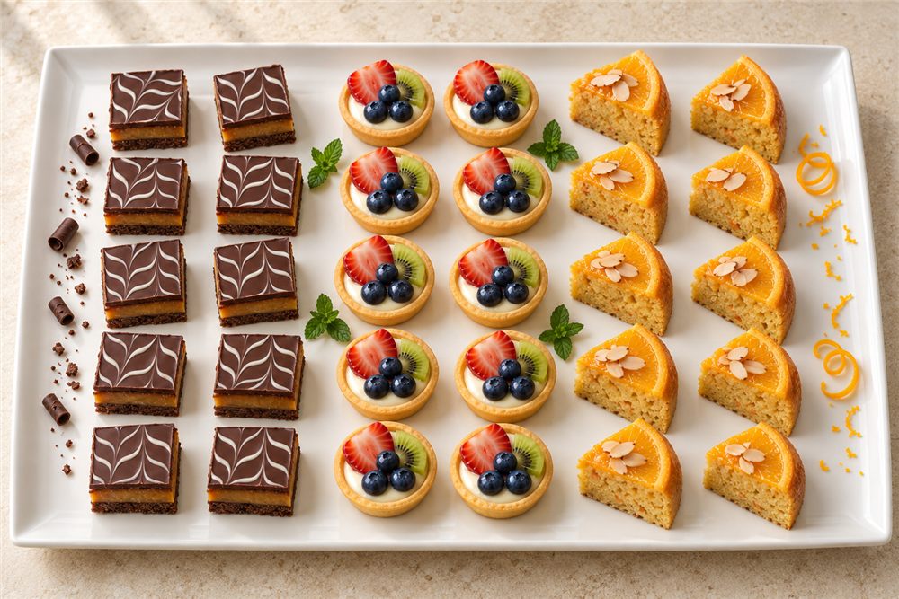 The Little Indulgence platter with ten chocolate caramel slices, ten fruit tarts and ten orange almond cake slices
