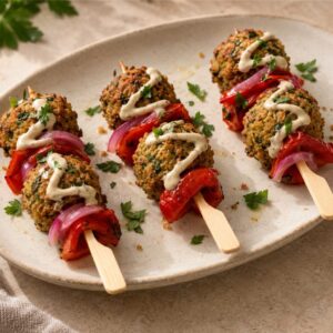 Golden Herb Falafel & Roast Capsicum Skewer — presentation image