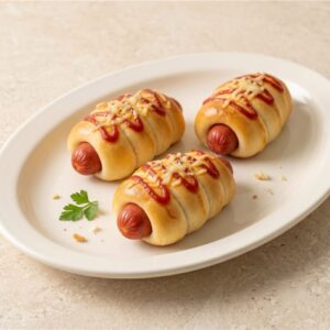 Mini bakery hot dogs with tomato sauce and cheese
