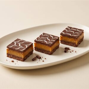 A rich mini slice with a chocolate base, caramel centre and feathered chocolate topping. Serving presentation.