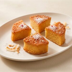 A golden mini coconut cake portion with a delicate coconut finish. Serving presentation.