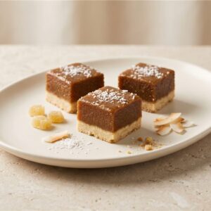 A petite ginger slice with a biscuit base and a light coconut finish. Serving presentation.