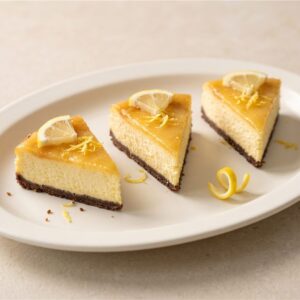 Mini lemon cheesecake slices with lemon garnish — serving presentation