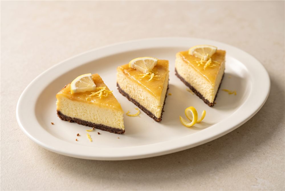 Mini lemon cheesecake slices with lemon garnish — serving presentation