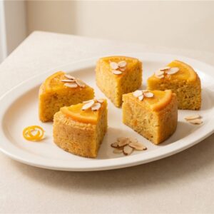 Moist orange and almond cake in a petite portion, finished with orange and almond flakes. Serving presentation.