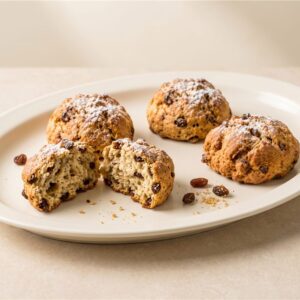 A rustic mini sweet fruit scone with a golden top and light dusting of icing sugar. Serving presentation.