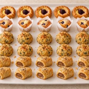 The Nine O'Clock selection of Danishes, muffins, round savoury scones and sausage rolls on one platter